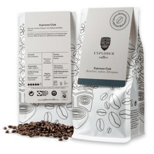 Explorer Coffee Espresso Club, Arabica Blend Espresso aus Brasilien. ein würziger Robusta mit breitem Körper und malzigen Noten und feiner Crema