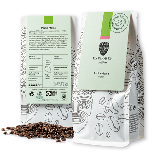 Explorer Coffee Pacha Mama, sortenreiner Arabica Kaffee Pacha Mama aus Peru von Kleinbauern, Kakao und Mandel Aromen, ausbalancierte, milde Säure, guter Körper