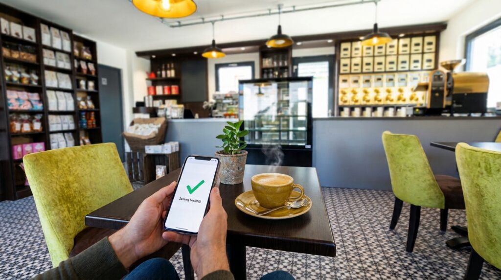 Gast im Explorer Kaffeehaus bezahlt mit dem Smartphone, daneben eine Tasse Cappuccino